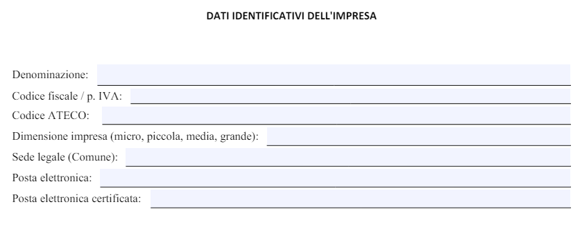 Parte di anagrafica dell'impresa